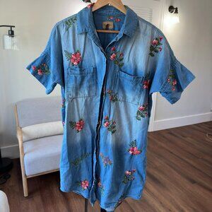 Womens Driftwood Embroidered Floral Denim Button Down Mabel Dress L EUC